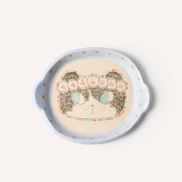 Hand-panited Floral Garland Cat Mini Plate (Blue)